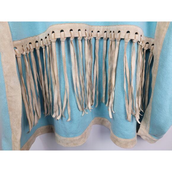 Tyler Boe NWT Women's Teal Turquoise Beige Fringe Cashmere Bland Poncho Sz XS/S - Picture 11 of 11